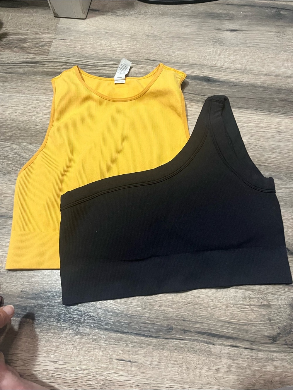 DSG Yellow Ribbed Crop Tank & Black One-Shoulder Sports Bra